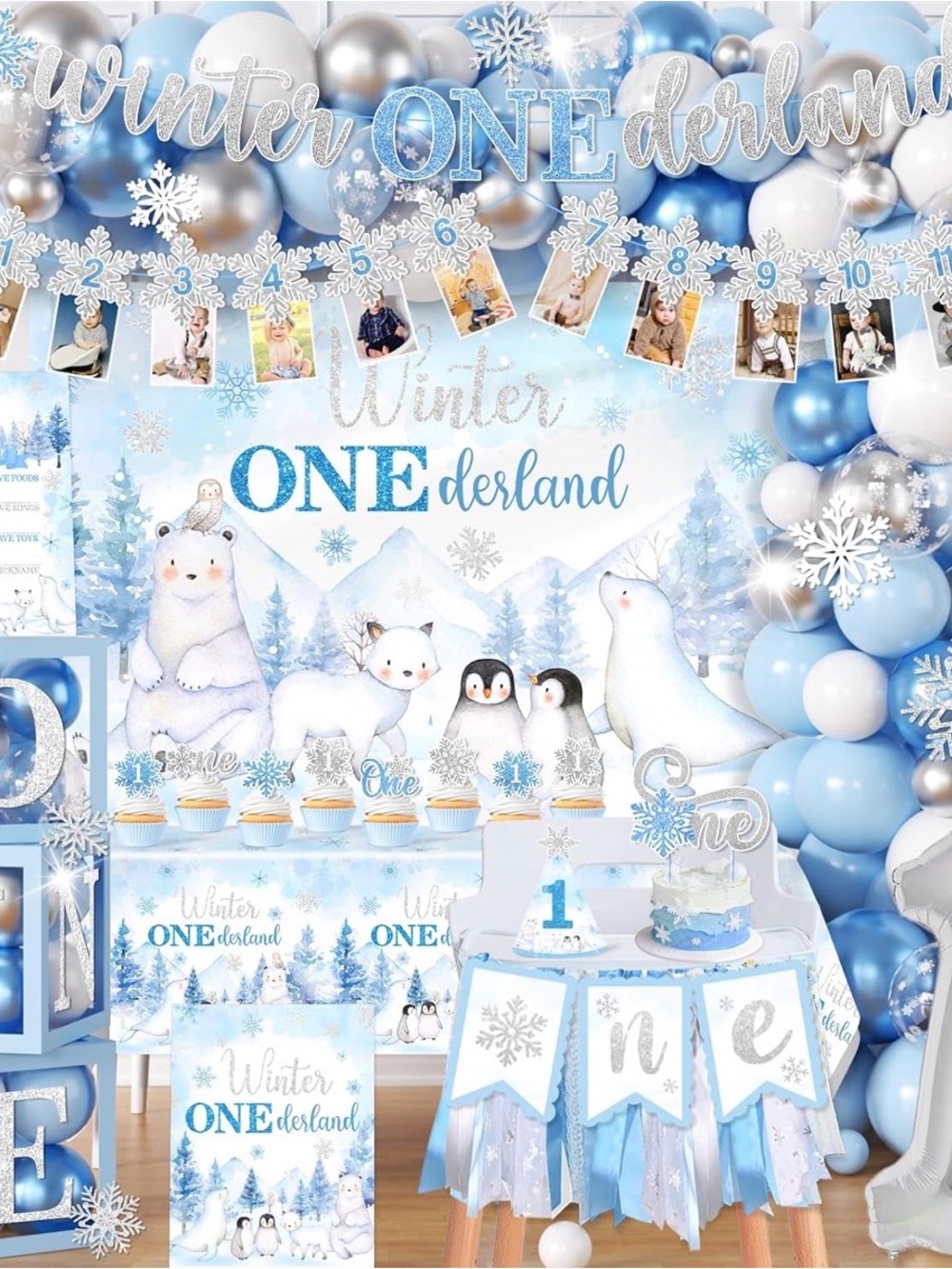 Winter ONEderland First Birthday Party Backdrop and Decorations - Blue